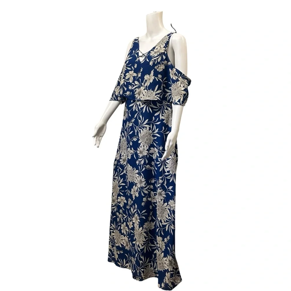 DEX Cold Shoulder Maxi Dress Blue Dahlia Floral Tiered Ruffle V-Neck Size M - Picture 4 of 11